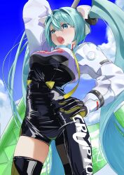 1girl aqua_eyes aqua_hair black_bodysuit black_gloves black_thighhighs blue_eyes blue_hair blue_sky blush bodysuit clouds commentary_request covered_navel cowboy_shot day flag flat_chest from_below gloves goodsmile_company goodsmile_racing green_gloves hair_between_eyes hand_on_own_hip hatsune_miku highres holding holding_flag hxk4_n jacket long_hair long_sleeves looking_at_viewer open_mouth racing_miku racing_miku_(2022) skindentation sky solo teeth thigh-highs twintails upper_teeth_only vocaloid white_jacket