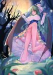  1girl arm_up bangs bare_legs barefoot bat_wings blue_headwear blush breasts clouds cloudy_sky crossed_legs cup demon_wings floating floating_object full_body full_moon grass hand_in_hair hat highres holding holding_cup knees kuroko_tori large_breasts long_hair long_sleeves looking_at_viewer mima_(touhou) moon mushroom night night_sky open_mouth outdoors ribbon sidelocks sitting sky solo teacup teapot touhou touhou_(pc-98) tree wings witch_hat 