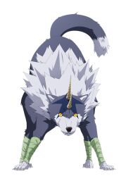  animal artist_request black_eyes claws closed_mouth colored_sclera creature fangs fighting_stance full_body grey_fur horns no_humans official_art ranga_(tensura) second-party_source simple_background slit_pupils solo spiral_horn tail tensei_shitara_slime_datta_ken transparent_background white_fur wolf yellow_horns yellow_sclera 