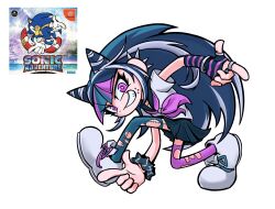  1girl asymmetrical_legwear black_scrunchie blue_streaks commentary dal_pengdal danganronpa_(series) danganronpa_2:_goodbye_despair ear_piercing face_piercing finger_gun gloves hair_horns hedgehog_boy highres korean_commentary lip_piercing mioda_ibuki mismatched_legwear mouth_piercing multicolored_hair multiple_piercings neckerchief piercing pink_eyes pink_neckerchief pink_streaks reference_inset scene_fashion scrunchie sequential_piercings simple_background sonic_(series) sonic_adventure sonic_adventure_pose sonic_the_hedgehog stitched_leg stitches streaked_hair striped_clothes striped_gloves thigh-highs torn_clothes torn_thighhighs white_background white_streaks wrist_scrunchie 