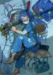  1girl :d ^_^ absurdres animal_ears barefoot bed blue_hair blue_pajamas blue_shirt body_pillow bottle character_doll closed_eyes clothes_hanger commentary crescent crescent_hair_ornament doll drooling full_body ginnkei hair_ornament handheld_game_console highres long_hair long_sleeves lying mouth_drool on_back open_mouth pajamas pillow rabbit_ears rabbit_girl rabbit_tail ringo_(touhou) seiran_(touhou) shirt sleeping smile socks solo star_(symbol) star_print tail touhou water_bottle watermark white_socks 