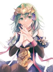  1girl aytk_erabareta bare_shoulders black_choker blue_dress brown_pantyhose brown_sleeves choker clothing_cutout commentary crest_of_flames detached_sleeves dress english_commentary female_byleth_(awakened)_(fire_emblem) female_byleth_(fire_emblem) female_byleth_(sothis_regalia)_(fire_emblem) fire_emblem fire_emblem:_three_houses gold_tiara green_eyes green_hair hair_between_eyes hair_ornament hair_ribbon highres long_hair looking_at_viewer official_alternate_costume pantyhose red_ribbon ribbon simple_background smile solo stomach_cutout tassel tassel_hair_ornament white_background white_ribbon 