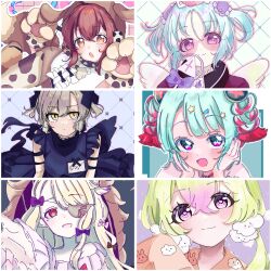  6+girls animal_hood aqua_hair blonde_hair blush bow braid brown_hair closed_mouth commentary_request dreamy_chelsea dress eyepatch frilled_dress frills grey_hair hair_ornament highres hood magical_girl mahou_shoujo_ikusei_keikaku mahou_shoujo_ikusei_keikaku_breakdown mahou_shoujo_ikusei_keikaku_f2p mahou_shoujo_ikusei_keikaku_restart mahou_shoujo_ikusei_keikaku_unmarked malu_661 multicolored_hair multiple_girls nemurin open_mouth orange_eyes pajamas pfle purple_bow red_eyes shadowgale short_hair smile stella_lulu tama_(mahoiku) violet_eyes wand wings x_hair_ornament yellow_eyes 