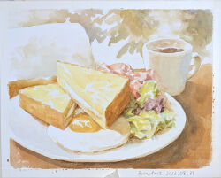  bacon bigrbear breakfast chair coffee coffee_mug cup dated egg food food_focus fried_egg lettuce meal mug no_humans original painting_(medium) plant plate sandwich table title traditional_media watercolor_(medium) 