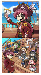  6+girls absurdres akemi_homura bandana barrel bicorne bird black_coat black_hair blonde_hair blue_hair blue_jacket blue_skirt blush boots bound coat commission epaulettes excited eyepatch glasses green_skirt grey_hair hat heart heart-shaped_eyewear highres holding holding_ticket jacket jewelry kaname_madoka kevin_arthur knife mahou_shoujo_madoka_magica mahou_shoujo_madoka_magica:_walpurgis_no_kaiten miki_sayaka momoe_nagisa multiple_girls navel ocean parody parrot pink_coat pink_hair pirate_costume pirate_hat red_coat red_hair ring sakura_kyoko selema_terez shadow shi_choka ship ship_deck shirt shorts skirt skull_and_crossbones sparkle spongebob_squarepants_(series) striped_clothes striped_shirt sword the_spongebob_squarepants_movie ticket tied_up_(nonsexual) tomoe_mami tricorne upper_body water watercraft waving weapon white_hair white_skirt wrist_cuffs yellow_eyes 