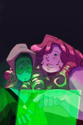  2girls colored_skin commentary english_commentary fat fingerless_gloves forehead_jewel gem_(steven_universe) gloves highres holographic_interface homeworld_gem_uniform multiple_girls original peridot_(thefaeriemerchant) pink_skin pointing puffy_sleeves ringlets rose_quartz_facet_5_cut_5xl steven_universe thefaeriemerchant upper_body 