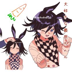  animal_ears blush blush_stickers carrot closed_eyes danganronpa_(series) danganronpa_v3:_killing_harmony highres nekoda837 non-web_source oma_kokichi one_eye_closed open_mouth paw_pose rabbit_ears saihara_shuichi simple_background single_blush_sticker teeth upper_teeth_only white_background 