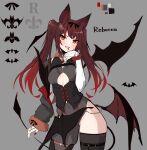  1girl animal_ears bat_ears bat_wings blush breasts bridal_gauntlets brown_hair character_name color_guide commentary_request covered_navel cowboy_shot eyebrows_visible_through_hair fangs grey_background highres looking_at_viewer multiple_wings open_mouth orange_eyes original simple_background single_thighhigh slit_pupils small_breasts solo tail takanashi_kei_(hitsujikan) thigh-highs tongue twintails wings 