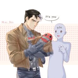  absurdres batman_(series) batman_symbol black_gloves black_hair blue_eyes bodysuit brown_jacket commentary dc_comics english_commentary fatson_todd gloves grey_bodysuit hair_between_eyes highres jacket jason_todd mag_bya multicolored_bodysuit muscular muscular_male open_clothes pants red_hood_(dc) red_hood_and_the_outlaws short_hair superhero_costume taut_bodysuit taut_clothes two-tone_bodysuit western_comics_(style) 