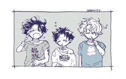  3boys arm_tattoo brushing_teeth closed_mouth commentary_request dated freckles greyscale monkey_d._luffy monochrome multiple_boys one_piece portgas_d._ace sabo_(one_piece) scar scar_on_face shirt short_hair t-shirt tattoo wakao_(wakaogm) yawning 