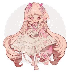  1girl absurdly_long_hair animal_ears artist_name bag blonde_hair bow bow_flower bowtie braid commentary crossbody_bag dress floating_clothes floral_print floral_print_dress floral_print_sleeves flower frills hair_flower hair_ornament highres holding_own_dress horns kneehighs littlebluemuffin long_hair long_sleeves low_drills nail_polish open_mouth original pink_bow pink_bowtie pink_eyes pink_flower pink_nails pink_rose print_dress puffy_long_sleeves puffy_sleeves rabbit_hair_ornament rose see-through_clothes see-through_sleeves side_braid smile socks stuffed_animal stuffed_rabbit stuffed_toy tail tail_bow tail_flower tail_ornament toeless_legwear toenail_polish toenails untranslatable_commentary very_long_hair wavy_sidelocks white_background white_dress 