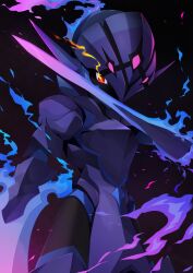  absurdres ameno_sagiri_(artist) armor blade_arm blue_fire ceruledge commentary_request eye_trail fiery_hair fire flaming_eyes helmet highres light_trail no_humans pokemon pokemon_(creature) pokemon_focus purple_armor purple_fire purple_helmet red_eyes simple_background solo 