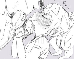  1boy 1girl blush closed_eyes commentary_request full-face_blush grabbing_another's_chin greyscale hand_on_another's_chin hetero highres husband_and_wife imminent_kiss ishida_mitsunari_(sengoku_basara) long_hair monochrome nashi_(shi_ra_nu_i) oc_x_canon open_mouth original ponytail sengoku_basara sketch utaha_(nashi) 