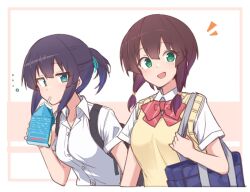 ... 2girls alternate_costume azu_ankoowl bad_link bad_twitter_link bag black_hair bob_cut bow bowtie brown_hair cardigan drink_carton drinking drinking_straw green_eyes half-closed_eyes holding holding_drink_carton holding_milk_carton inverted_bob looking_at_viewer low-tied_sidelocks milk_carton multiple_girls nanaka_(tenka_hyakken) notice_lines open_mouth ponytail red_bow red_bowtie school_bag school_uniform shirt short_hair short_sleeves siblings sidelocks sisters smile tenka_hyakken upper_body white_shirt yayoi_(tenka_hyakken) yellow_cardigan 