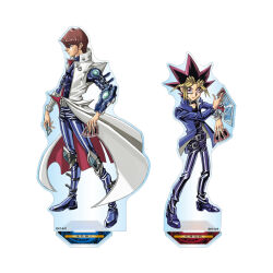  2boys acrylic_stand_(medium) belt belt_collar black_hair blonde_hair brown_hair coat collar colored_bangs commentary_request duel_disk highres jacket kaiba_seto knee_pads looking_at_viewer looking_to_the_side multicolored_hair multiple_boys official_art pants pink_hair takahashi_kazuki two-sided_fabric white_background white_coat yami_yugi yu-gi-oh! 