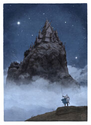  1boy artist_name blue_cape building cape christian_sloan_hall commentary english_commentary fog graphite_(medium) helmet highres holding holding_polearm holding_weapon house long_hair mountain night norse norse_mythology polearm roman_numeral sky solo star_(sky) traditional_media very_long_hair viking weapon 
