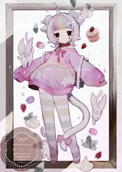  1girl absurdres angel_wings animal animal_ears animal_on_arm artist_name backpack bag bow brown_eyes cake cat cat_ears cat_girl cat_tail chain closed_mouth collar commentary dated dessert dot_mouth english_text expressionless falling_leaves feathered_wings food fruit gold_chain green_leaf hair_ornament hairclip heart heart_hair_ornament heisei_retro highres horns leaf looking_at_viewer macaron medium_hair mint_leaf multicolored_hair multiple_cats no_pupils off-shoulder_sweater off_shoulder original oversized_clothes picture_frame pink_bow pink_ribbon pink_sweater rainbow_hair rainbow_hair_ornament rainbow_print red_collar ribbon sakutake_(ue3sayu) shoes signature single_horn sleeves_past_fingers sleeves_past_wrists spaghetti_strap sparkle star_(symbol) strawberry strawberry_shortcake striped_clothes striped_thighhighs sweater tail tail_bow tail_ornament thigh-highs two_side_up uwabaki watermark whipped_cream white_bag white_cat white_hair white_wings winged_animal wings 