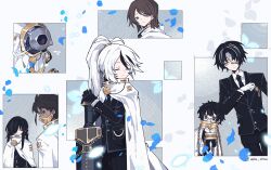  2girls 4boys ahoge androgynous aria_r asymmetrical_bangs badge black_eyes black_hair black_jacket black_necktie black_pants black_sclera black_sleeves black_streaks black_suit blue_eyes blue_flower blue_petals bound bound_wrists bright_pupils brown_hair buttons chain chained_wrists cloak closed_eyes closed_mouth collared_shirt colored_sclera commentary covered_mouth cracked_mask dark-skinned_male dark_skin double-parted_bangs esther_(project_moon) facing_to_the_side falling_petals flower gloria_(project_moon) gloves glowing glowing_petals gold_chain gold_trim greatsword hair_over_one_eye half_mask hands_on_hilt hands_up high_ponytail highres hubert_(project_moon) jacket lapels library_of_ruina limbus_company lock long_hair long_sidelocks mask mechanical_arms medium_hair metal_choker metal_mask moirai_(project_moon) mouth_mask multicolored_hair multiple_boys multiple_girls necktie notched_lapels one_eye_covered outside_border own_hands_together padlock pants parted_bangs petals ponytail project_moon red_eyes rien_(project_moon) robot round_eyewear scar scar_across_eye scar_on_face semi-rimless_eyewear shirt short_hair sidelocks sora_(project_moon) steam streaked_hair suit suit_jacket suit_pants sword twitter_username two-tone_hair weapon white_background white_cloak white_gloves white_pupils white_shirt wolfsbane_(flower) yan_vismok yellow_eyes 