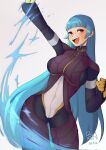  1girl absurdres bakionn bangs belt blue_hair bodysuit breasts cowboy_shot eyebrows_visible_through_hair gloves highres ice kula_diamond large_breasts long_hair looking_at_viewer signature simple_background smile the_king_of_fighters the_king_of_fighters_xv violet_eyes white_background 