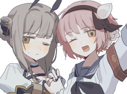  2girls blush closed_mouth commentary_request grey_hair hairband highres holding_hands la_pucelle_(mahoiku) magical_girl mahou_shoujo_ikusei_keikaku multiple_girls one_eye_closed open_mouth pink_hair rfo_2011 school_uniform short_hair smile snow_white_(mahoiku) yellow_eyes yuri 