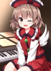  1girl :d ;d blush breasts brown_eyes brown_hair commentary_request completion_time frilled_hat frills hat highres instrument keyboard_(instrument) long_sleeves looking_at_viewer lyrica_prismriver medium_hair one_eye_closed open_mouth red_hat red_skirt red_vest ruu_(tksymkw) sitting skirt skirt_set small_breasts smile solo touhou vest 