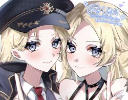  2girls a4adhh absurdres black_collar black_hat black_jacket blonde_hair blue_eyes blush close-up closed_mouth coat coat_on_shoulders collar commentary_request gold_trim hat heart highres jacket kagura_(girls_garden) kotoha_(girls_garden) long_hair looking_at_viewer multiple_girls muv-luv muv-luv_girls_garden necktie pointing pointing_up red_necktie shirt smile translation_request upper_body white_shirt 