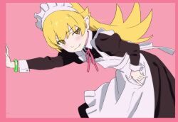  1girl apron baylego black_dress blonde_hair bracelet child collar commentary dress highres jewelry leaning_to_the_side lolibaba long_sleeves maid maid_apron maid_headdress medium_hair monogatari_(series) necktie oshino_shinobu pointy_ears sharp_teeth simple_background smug solo teeth vampire white_collar wrinkled_fabric yellow_eyes 