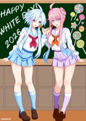  2026 2girls absurdres ahoge blue_hair blue_sailor_collar blue_skirt blue_socks braid braided_base brown_shoes bun_with_braided_base candy chalkboard chupa_chups closed_mouth commentary_request compile_heart double_bun food gradient_hair hair_bun hair_ornament happy_white_day highres holding holding_candy holding_food holding_lollipop ileheart indoors kneehighs lollipop long_sleeves multicolored_hair multiple_girls neckerchief nekoring neptune_(series) orange_neckerchief pink_eyes power_symbol-shaped_pupils purple_sailor_collar purple_skirt purple_socks red_eyes red_neckerchief sailor_collar shirt shoes short_hair_with_long_locks skirt socks star-shaped_pupils star_(symbol) swirl_lollipop symbol-shaped_pupils tongue tongue_out twitter_username violet_eyes virtual_youtuber white_day white_heart_(neptunia) white_shirt 