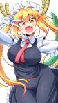  1girl aono3 blush breasts dragon_girl dragon_horns dragon_tail eyebrows_visible_through_hair fang gloves highres horns kobayashi-san_chi_no_maidragon large_breasts long_hair looking_at_viewer maid maid_headdress necktie open_mouth orange_eyes orange_hair red_necktie skin_fang smile solo tail tohru_(maidragon) twintails v v_over_eye white_gloves 