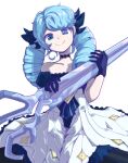  1girl ahoge bangs black_bow black_choker black_dress black_eyes black_gloves blue_eyes blue_hair blush bow breasts choker dress drill_hair gloves green_eyes gwen_(league_of_legends) hair_bow heterochromia highres holding holding_scissors hourglass_02 league_of_legends long_hair off-shoulder_dress off_shoulder oversized_object pink_eyes scissors shiny shiny_hair simple_background smile solo star-shaped_pupils star_(symbol) symbol-shaped_pupils twin_drills twintails white_background white_dress 