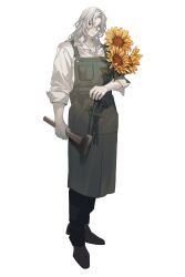  1boy :| apron arm_at_side black_pants black_shoes call_of_cthulhu closed_mouth curtained_hair flower freckles full_body furrowed_brow glasses green_apron grey_hair hammer highres holding holding_flower holding_hammer kanzaki_kafka_(lollypopcandy8050) lollypopcandy8050 looking_at_viewer male_focus medium_hair nitro_to_lemon open_collar pants parted_bangs shirt shoes sideways_glance simple_background sleeves_rolled_up solo standing sunflower violet_eyes white_background white_shirt wing_collar yellow_flower 