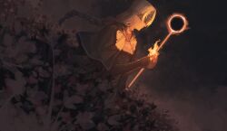  1girl absurdres arm_wrap bandaged_arm bandages black_capelet black_sky blindfold_mask braid capelet covered_eyes dark_souls_(series) dark_souls_iii eclipse fire_keeper fog highres holding_flame jewelry lastrainleaves long_hair mask plant sky 
