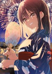  1girl alternate_costume blue_kimono breasts brown_eyes brown_hair commentary_request fireworks grin hand_fan japanese_clothes kantai_collection kimono koruri lake leaf_print looking_at_viewer medium_breasts night paper_fan railing sendai_(kancolle) smile solo uchiwa upper_body yukata 