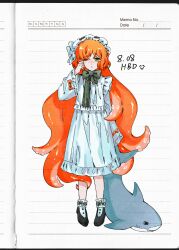  1girl :< absurdres ankle_bow arm_at_side black_shoes bow bowtie chinese_commentary closed_mouth commentary_request dated dot_nose dress freckles frilled_dress frilled_hat frills full_body green_bow green_eyes hand_on_own_face hand_up happy_birthday hat highres holding holding_stuffed_toy ishmael_(project_moon) limbus_company long_dress long_hair long_sleeves looking_at_viewer mob_cap nana_nana_bot one_eye_closed orange_hair pen_(medium) photo_(medium) project_moon rubbing_eyes shoes sidelocks sleepy solo straight-on stuffed_animal stuffed_shark stuffed_toy tearing_up tentacle_hair traditional_media very_long_hair white_dress white_hat wide_sleeves 