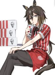  1girl animal_ears black_bow black_bowtie black_pants bow bowtie brown_eyes brown_hair closed_mouth clothes_around_waist collared_shirt colonel_sanders cup drink drinking employee_uniform fast_food fast_food_uniform hand_on_own_knee highres horse_ears horse_girl invisible_chair kfc long_hair looking_at_viewer multicolored_hair pants red_shirt shirt simple_background sitting solo stay_gold_(umamusume) streaked_hair striped_clothes striped_shirt sxxx_ja umamusume vertical-striped_clothes vertical-striped_shirt white_background 