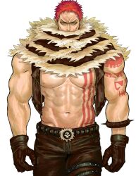  1boy abs arm_tattoo black_gloves charlotte_katakuri chest_tattoo commentary cowboy_shot gloves groin highres male_focus muscular muscular_male narita_sea one_piece pink_eyes pink_hair scarf short_hair simple_background solo stitched_mouth stitches tattoo untranslatable_commentary v-shaped_eyebrows vest white_background 