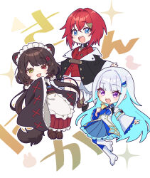  3girls :d absurdres ange_katrina ange_katrina_(1st_costume) animal_ears animal_on_shoulder ankle_boots apron armband belt bird bird_on_shoulder black_boots black_coat blue_armband blue_eyes blue_hair blue_neckerchief blue_skirt blue_thighhighs blush boots brown_belt brown_hair brown_kimono brown_tail buttons cardigan clawed_boots coat collared_shrug colored_inner_hair commentary_request cross-laced_clothes cross-laced_sleeves crossed_bangs deformed dog_ears dog_girl dog_hair_ornament dog_tail dot_nose double-breasted dress fangs flower frilled_apron frilled_skirt frilled_sleeves frills hair_between_eyes hair_flower hair_intakes hair_ornament heterochromia high-waist_skirt highres inui_toko inui_toko_(1st_costume) inumoto japanese_clothes kimono lize_helesta lize_helesta_(1st_costume) long_hair long_sidelocks long_skirt long_sleeves looking_at_viewer low_twintails maid_headdress medium_hair medium_skirt multicolored_hair multiple_girls neckerchief nijisanji off_shoulder open_mouth pleated_skirt red_cardigan red_eyes red_hair red_skirt sanbaka_(nijisanji) sebastian_piyodore short_dress shrug_(clothing) sidelocks skirt smile sparkle streaked_hair tail teeth thigh-highs translation_request triangle_hair_ornament twintails two-tone_hair upper_teeth_only very_long_hair violet_eyes virtual_youtuber waist_apron white_apron white_background white_boots white_dress white_hair white_headdress white_shrug white_skirt wide_sleeves yellow_eyes 