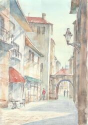 absurdres arch chair city commentary_request day european_architecture highres italy lamppost original outdoors painting_(medium) paruperu people road rome_(city) scenery sett sky slice_of_life street table traditional_media urban watercolor_(medium) 
