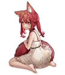  1girl animal_ear_fluff animal_ears bare_shoulders barefoot black_choker blush breasts choker closed_mouth commentary cross-shaped_pupils dress extra_ears fox_ears fox_girl fox_tail from_side hair_between_eyes hand_on_own_tail highres looking_at_viewer miyayoki orange_eyes original paw_print red_hair sakura_soyoru_(miyayoki) short_twintails sitting sleeveless sleeveless_dress small_breasts soles solo spaghetti_strap symbol-shaped_pupils tail twintails wariza white_background white_dress 