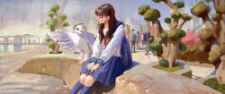  1girl absurdres animal backpack bag bird black_hair blue_bag blue_sailor_collar blue_skirt blue_socks bryuenart closed_mouth commentary day hands_on_own_thighs highres kneehighs long_hair long_sleeves looking_at_animal neckerchief original outdoors owl painterly people plant pleated_skirt profile red_neckerchief sailor_collar shadow shirt sitting skirt socks solo_focus white_bird white_shirt 