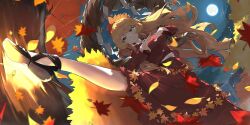  1girl aged_up aki_shizuha alternate_hair_length_(longer) artist_request autumn_leaves blonde_hair brown_shoes closed_mouth falling_leaves full_moon game_asset hair_ornament highres kicking leaf leaf_hair_ornament long_hair long_sleeves maple_leaf moon night official_art outdoors red_shirt red_skirt shirt shoes skirt smile solo third-party_source touhou touhou_lostword tree very_long_hair yellow_eyes 