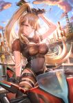  1girl :p arm_up bangs belt black_gloves black_legwear blonde_hair blush breasts chinese_clothes clouds gloves ground_vehicle gun high_ponytail long_hair looking_at_viewer motor_vehicle motorcycle ponytail qian_wu_atai short_sleeves sidelocks skin_tight sky solo sunset tattoo thigh-highs thigh_strap tongue tongue_out tower_of_fantasy very_long_hair weapon yellow_eyes 