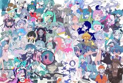  1boy 6+girls aimaina alternate_costume annotation_request antique_phone apu_(aputto_9) aqua_hair artist_name bitter_choco_decoration_(vocaloid) blue_hair eyepatch fisheye green_hoodie hatsune_miku hatsune_miku_(judgment) highres hood hoodie ima_sugu_rinne_(vocaloid) jumpsuit magical_girl mask mask_pull matryoshka_(vocaloid) medical_eyepatch monitoring_(vocaloid) mouth_mask multiple_girls multiple_persona necktie official_alternate_costume one_eye_covered orange_jumpsuit peephole phone pov_peephole prison_clothes rabbit_hole_(vocaloid) ren'ai_saiban_(vocaloid) rolling_girl_(vocaloid) romeo_to_cinderella_(vocaloid) rotary_phone song_request songover vampire_(vocaloid) vocaloid white_background wonder_(vocaloid) 