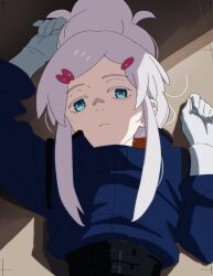  1girl absurdres bags_under_eyes baylego blue_eyes blue_skirt child commentary deux_murasame expressionless freckles gloves gundam gundam_gquuuuuux hair_bun hair_ornament hairclip highres lying mecha_pilot_suit medium_hair normal_suit_(gundam) on_back pale_skin parallel_hairclips sidelocks skirt solo white_gloves white_hair 