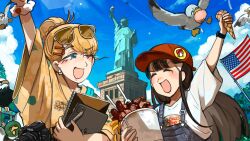  2girls :d absurdres aged_up american_flag bird black_hair blonde_hair blue_eyes blue_overalls buc-ee's buc-ee's_beaver camera chicken closed_eyes denim denim_overalls diva_(hyxpk) duck eagle english_commentary eyewear_on_head food food_theft glasses hat highres ice_cream ice_cream_cone japanese_clothes kimono long_hair multiple_girls notepad one_eye_closed original overalls pen red_hat shirt smile statue_of_liberty white_shirt yellow_kimono 