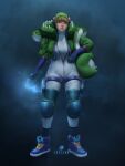  1girl absurdres alternate_costume apex_legends artist_name bangs blonde_hair blue_background blue_eyes blue_footwear blue_gloves blush bodysuit gloves green_jacket grey_bodysuit highres holding holding_stuffed_toy jacket knee_pads looking_to_the_side nessie_(respawn) shoes smile sneakers solo stuffed_toy treeink wattson_(apex_legends) 