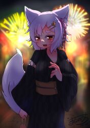  1girl absurdres aerial_fireworks alternate_costume animal_ear_fluff animal_ears bag black_kimono blush breasts brown_eyes brown_sash commentary_request cowboy_shot cross-laced_clothes cross-laced_sleeves dated fang festival fireworks flower hair_flower hair_ornament hairclip handbag highres holding holding_bag inubashiri_momiji japanese_clothes kimono large_breasts leaf_hair_ornament looking_at_viewer obi open_mouth otomen_maru-no-uchi pink_flower sash short_hair signature smile solo tail thick_eyebrows touhou white_hair wolf_ears wolf_girl wolf_tail yagasuri yukata 