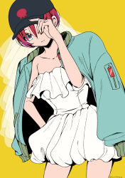  1girl aged_up amate_yuzuriha aqua_eyes bare_shoulders baseball_cap bhachi88888888 breasts closed_mouth commentary_request dress frilled_dress frills gundam gundam_gquuuuuux hat highres holding jacket jacket_on_shoulders jewelry long_sleeves looking_at_viewer red_hair ring short_hair simple_background sleeveless sleeveless_dress solo wedding_ring white_dress 