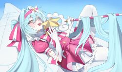  1girl absurdres aircraft airplane aqua_hair blush commentary_request dress elbow_gloves feet_out_of_frame gloves hair_between_eyes hair_ribbon hanakonenne hatsune_miku highres holding holding_wand ima_sugu_rinne_(vocaloid) long_hair looking_at_viewer lying multicolored_dress on_back open_mouth outdoors pantyhose pink_dress pink_eyes pink_ribbon puffy_sleeves ribbon short_sleeves solo star-shaped_pupils star_(symbol) star_wand symbol-shaped_pupils twintails two-tone_dress vocaloid wand white_dress white_gloves white_pantyhose yellow_pupils 