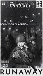  absurdres berserk bolt_action closed_mouth combat_helmet cover crazy_smile english_text fyugins_png griffith_(berserk) gun helmet highres holding holding_gun holding_weapon long_hair military military_uniform monochrome monster moon multiple_boys remington_model_700 rifle russian_ground_forces scope skull smile sniper_rifle weapon white_hair 